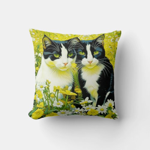 Adorable Cats sitting in a field of Daisies  Throw Pillow