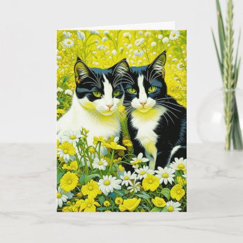 Adorable Cats sitting in Daisies Happy Birthday Card