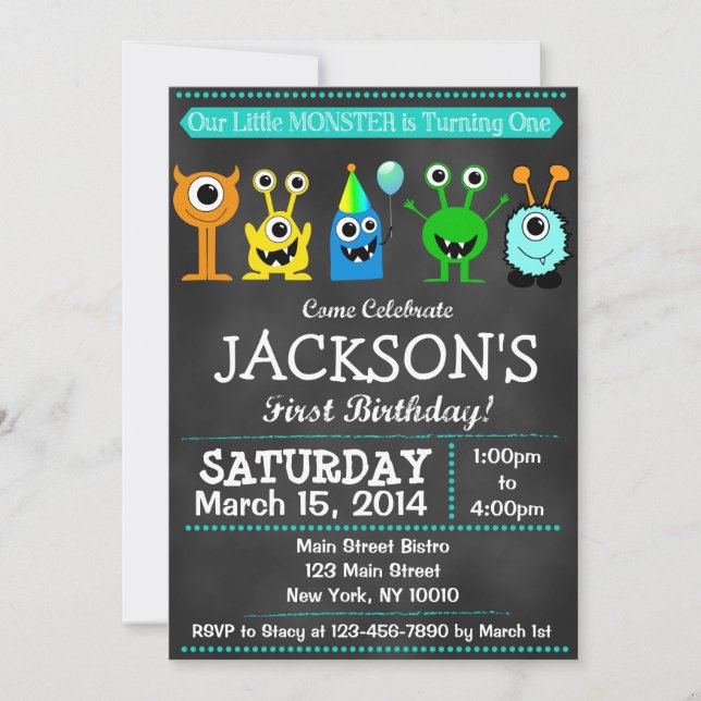 Adorable Chalkboard Monster Bash First Birthday Invitation (Front)