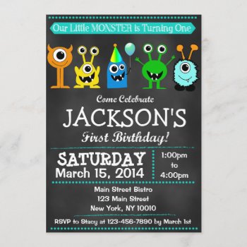Adorable Chalkboard Monster Bash First Birthday Invitation by PinkOwlPartyStudio at Zazzle