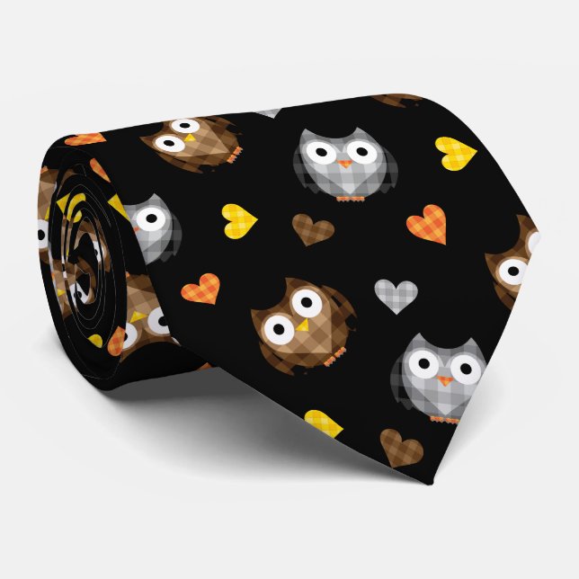 Adorable Checkered Hoot Owl Pattern Neck Tie (Rolled)