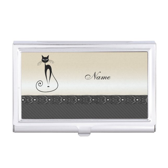Adorable cheerful funny whimsical black cat business card case (Front)