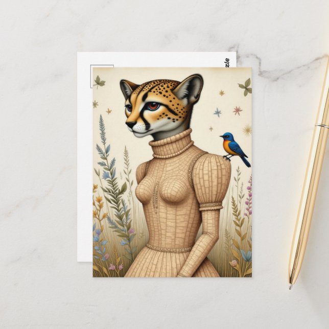 Adorable cheetah in birch bark dress with bluebird postcard (Front/Back In Situ)