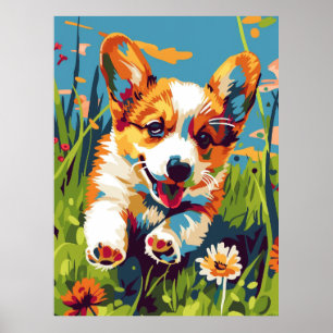 Adorable Chibi Corgi Puppy Running in Garden Poste Poster