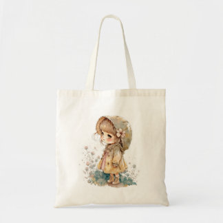 Adorable Chibi Girl in Antique Watercolour Tote