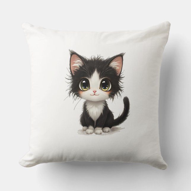 Adorable chibi kitten with fluffy black‑and‑white  throw pillow (Front)