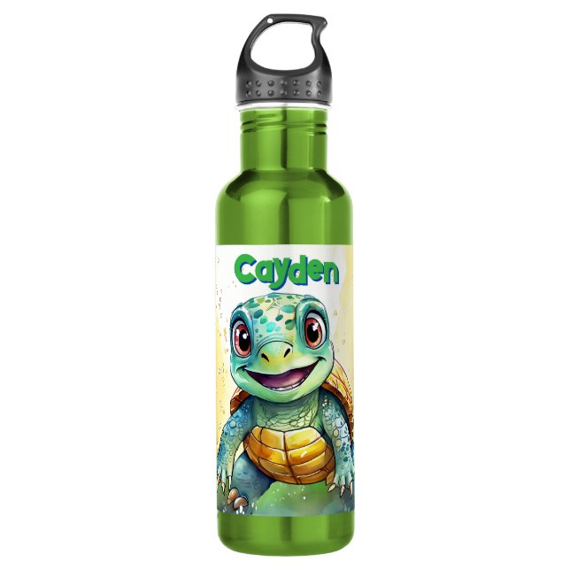 Adorable Chibi Sea Turtle Personalized Stainless Steel Water Bottle (Front)