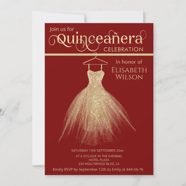 Adorable chic gold dress red Quinceañera Invitation (Front)