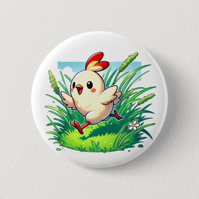 Adorable chicken running happily button (Front)