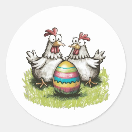 Adorable chickens and Easter egg Classic Round Sticker