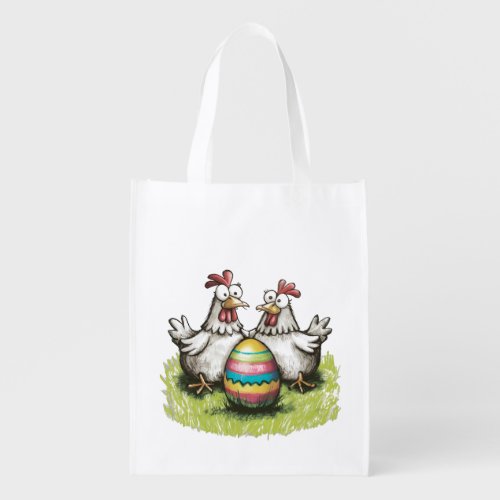 Adorable chickens and Easter egg Grocery Bag