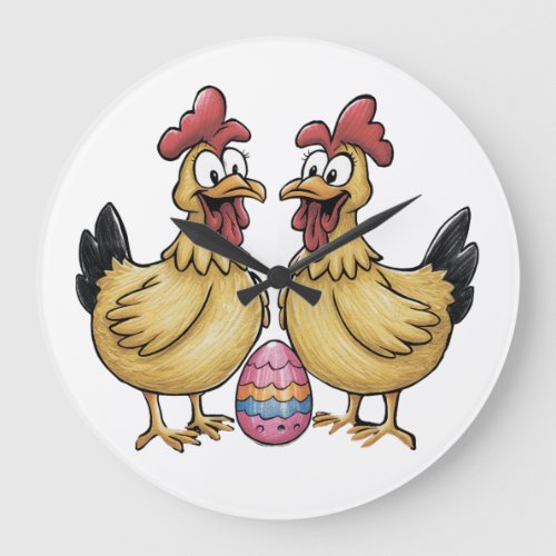 Adorable chickens and Easter egg Large Clock