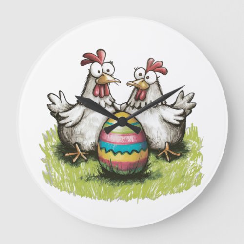 Adorable chickens and Easter egg Large Clock
