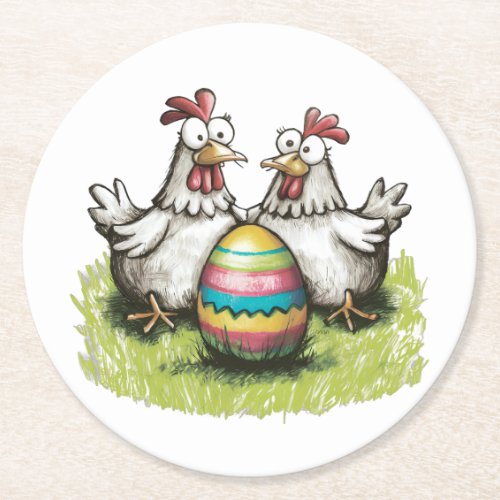 Adorable chickens and Easter egg Round Paper Coaster