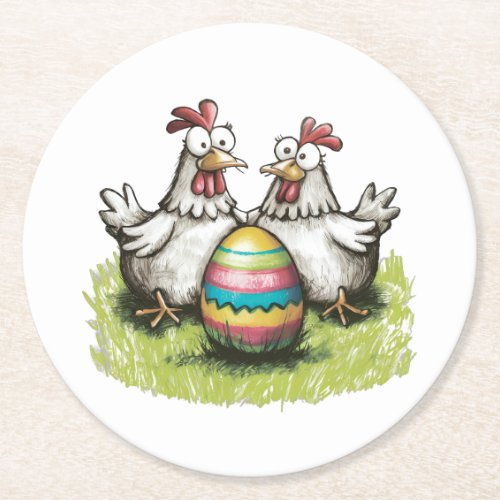 Adorable chickens and Easter egg Round Paper Coaster