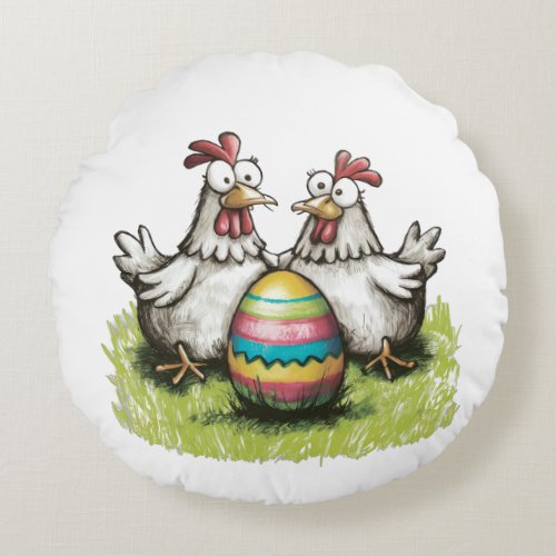 Adorable chickens and Easter egg Round Pillow