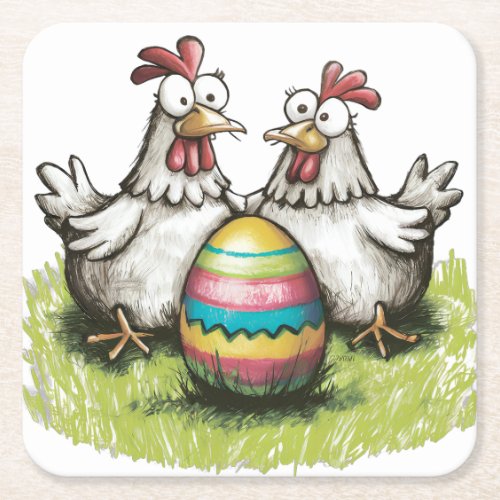 Adorable chickens and Easter egg Square Paper Coaster