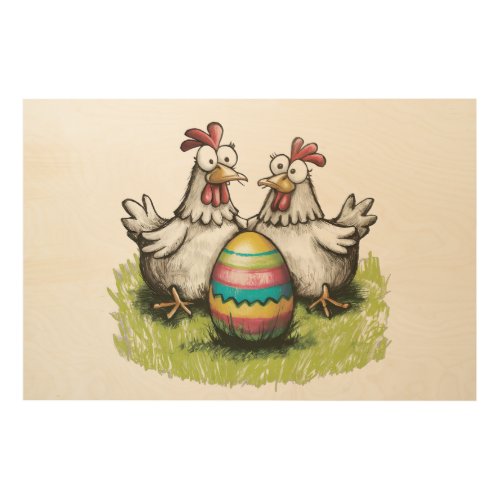Adorable chickens and Easter egg Wood Wall Art