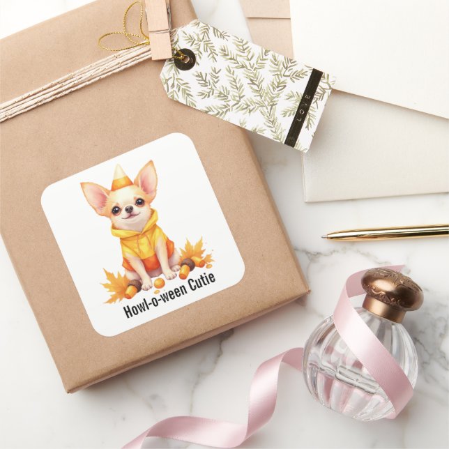 Adorable Chihuahua Puppy in Candy Corn Costume Square Sticker (Gifting)