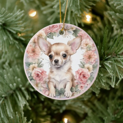 Adorable Chihuahua Puppy Pink Floral Christmas Ceramic Ornament