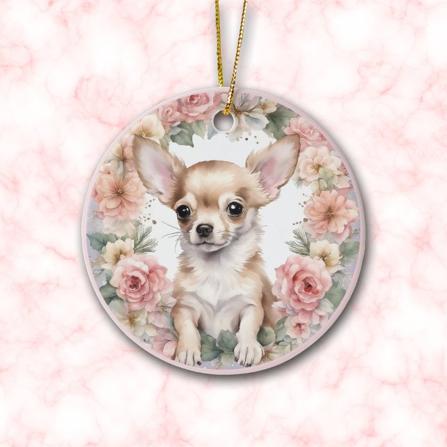 Adorable Chihuahua Puppy Pink Floral Christmas Ceramic Ornament (Creator Uploaded)