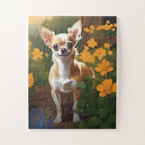 Adorable Chihuahua Puppy with Wildflowers Jigsaw Puzzle
