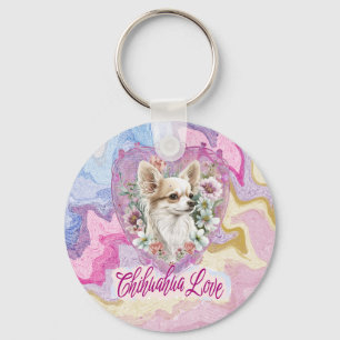 Adorable Chihuahua with flowers pink theme   Keychain
