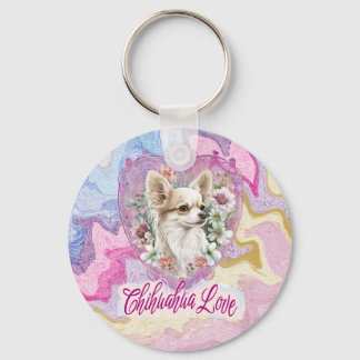 Adorable Chihuahua with flowers pink theme Keychain