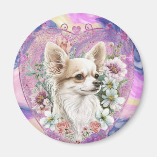 Adorable Chihuahua with flowers pink theme Magnet