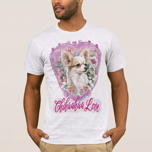 Adorable Chihuahua with flowers pink theme T-Shirt (Front)