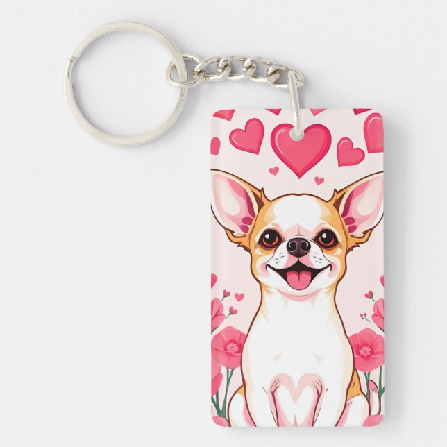 Adorable Chihuahua With Pink Hearts Keychain (Front)