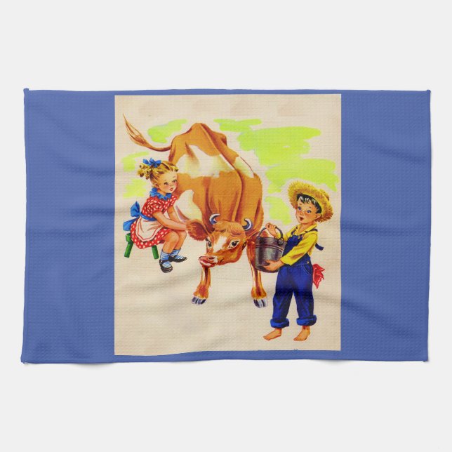adorable children with adorable cow kitchen towel (Horizontal)
