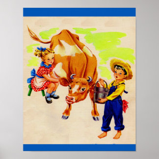adorable children with adorable cow poster