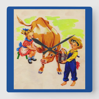 adorable children with adorable cow square wall clock