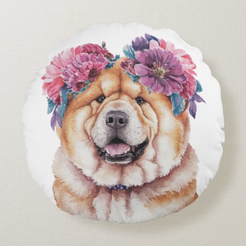 Adorable Chow Chow Watercolor Illustration Round Pillow