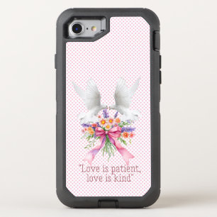 Adorable Christian Pink Dot Floral Bow White Doves OtterBox Defender iPhone SE/8/7 Case