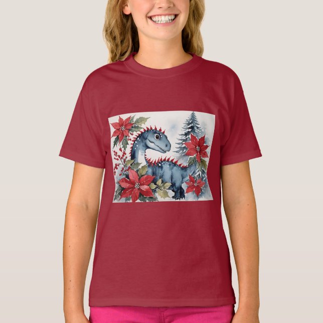 Adorable Christmas Baby Dinosaur & Poinsettias T-Shirt (Front)