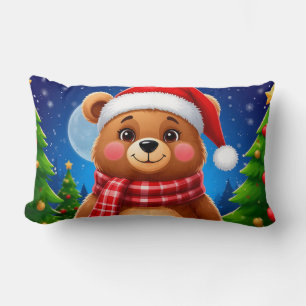 Adorable Christmas Bear With Santa Hat Lumbar Pillow