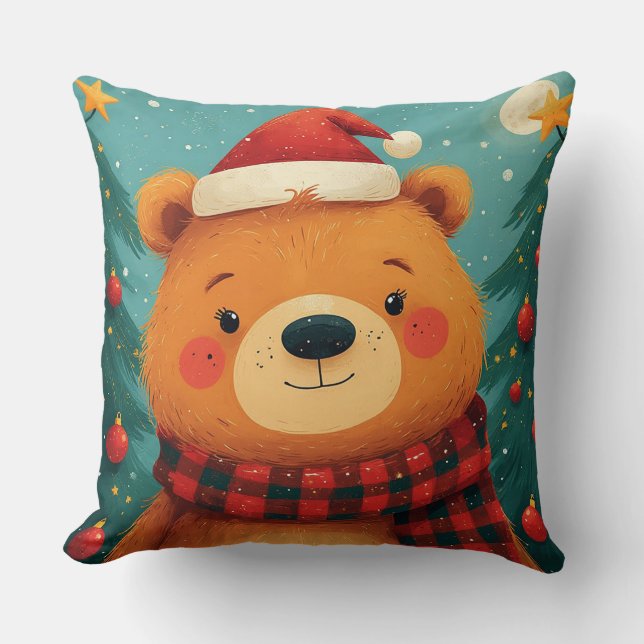 Adorable Christmas Bear With Santa Hat Throw Pillow (Front)