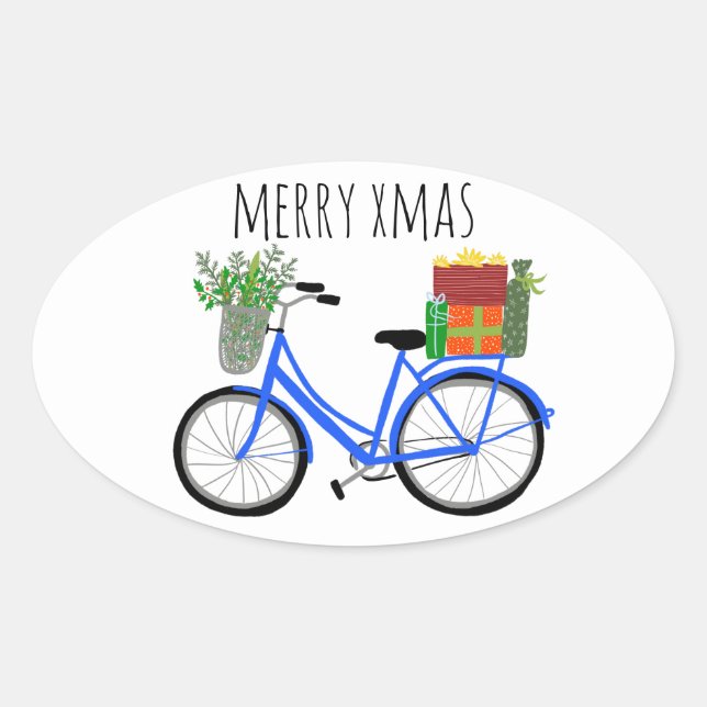 Adorable Christmas Bicycle Holiday Xmas CUSTOM Oval Sticker (Front)