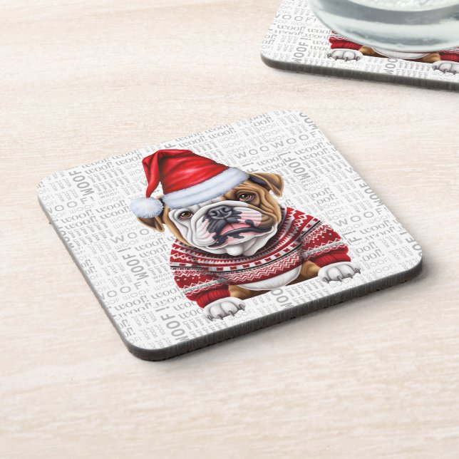 Adorable Christmas Bulldog Woof Word Art Beverage Coaster (Left Side)