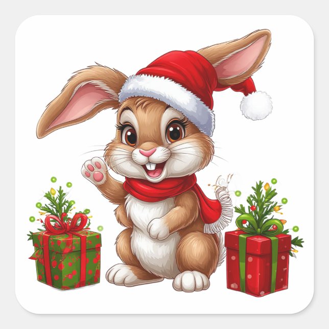 Adorable Christmas Bunny With Santa Hat Square Sticker (Front)