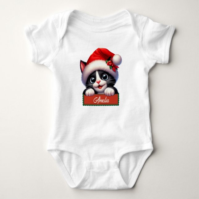 Adorable Christmas Cat Design Baby Bodysuit (Front)