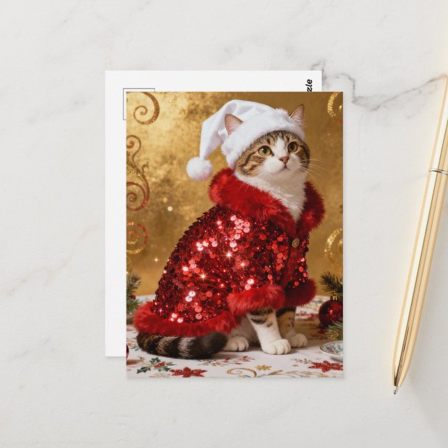Adorable Christmas Cat in Santa Suit Postcard (Front/Back In Situ)