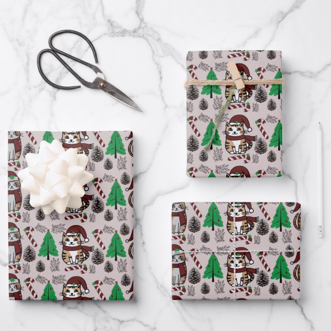 Adorable Christmas Cats with Trees Wrapping Paper Sheets (Front)