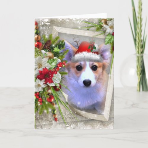 Adorable Christmas Corgi Puppy with white Frame Holiday Card