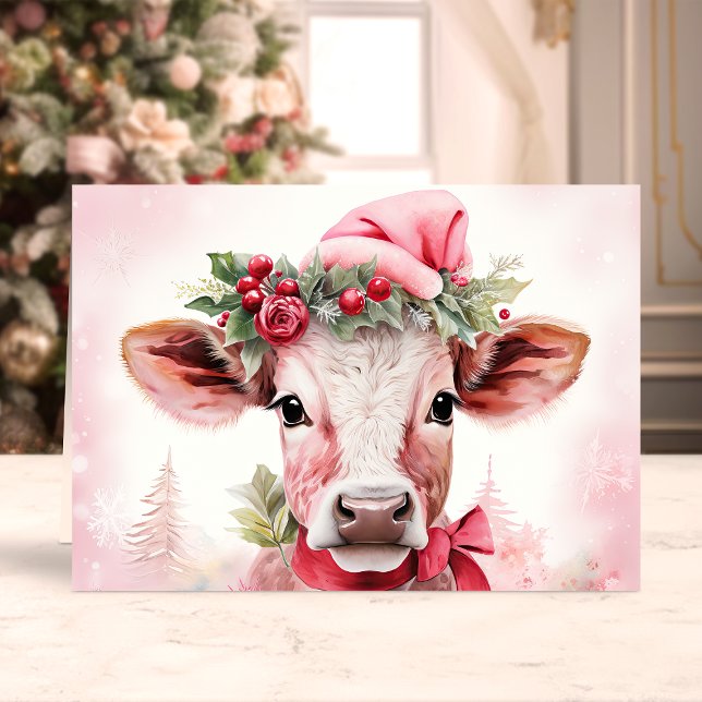 Adorable Christmas Cow in Santa Hat Holiday Card (Creator Uploaded)