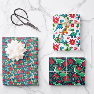 Adorable Christmas Dinosaurs And Poinsettias Wrapping Paper Sheets