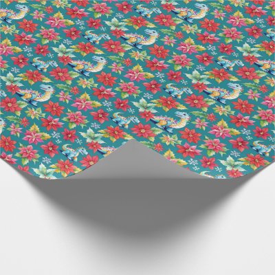 Adorable Christmas Dinosaurs &amp; Poinsettias Wrapping Paper