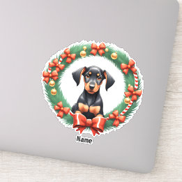 Adorable Christmas Doberman Pup in Festive Wreath Sticker